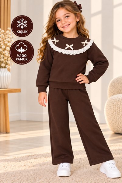 Lovexi Winter Girls' Lace Detailed 3 Thread Ruffled Top and Bottom Set