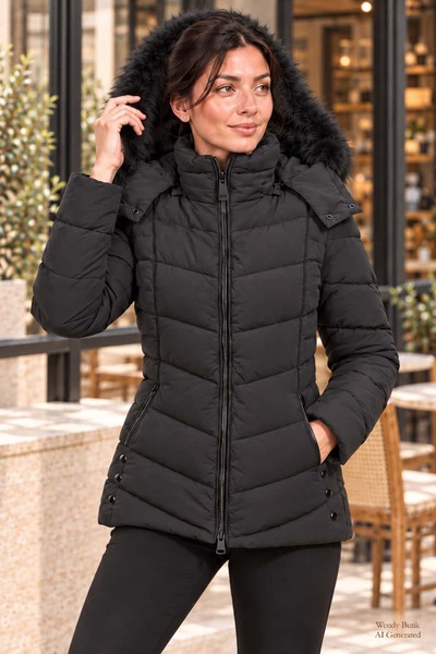 WENDY STYLE Kürklü Kapüşonlu Şişme Mana Mont