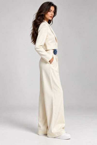 NO BRAND Costum Damă Bej cu Sacou Crop și Pantaloni Wide Leg