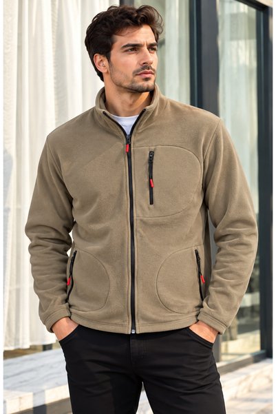 Alışveriş Kasabası Beige 3-Pocket Zippered Plain Fleece Cardigan / Jacket