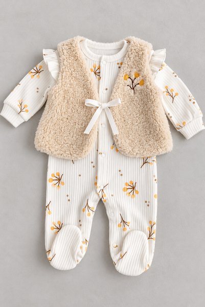 My Babies Label Baby Girl Yellow Floral Patterned Plush Vest 2-Piece Set – Ruffle Detailed Booties and Embroidered Vest