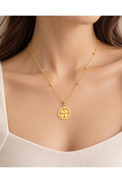Nilove Concept Aksesuar Gold Color Four-Leaf Clover Figured Bead Detailed Elegant Women's Necklace