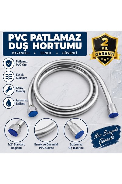 Viosa Banyo Duş Bataryası Pvc Patlamaz Krom Örgülü Duş Hortumu 1.5 Metre 2 Yı...