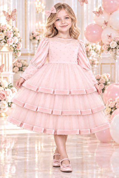 TREEMASS Girls' Velvet and Tulle Dress, Ideal for Special Occasions.
