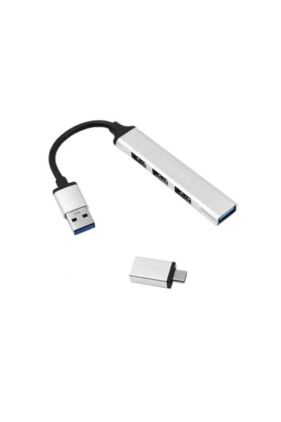 OEM USB Hub 3.0 με 4 θύρες USB-A και αντάπτορα Type-C Treqa USB-3 σε ασημί χρώμα