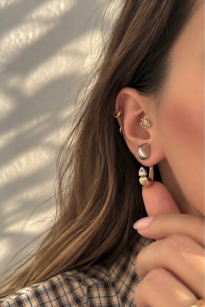 Okko Store Double Color Triangle Detailed Modern Design Studded Hoop Earrings