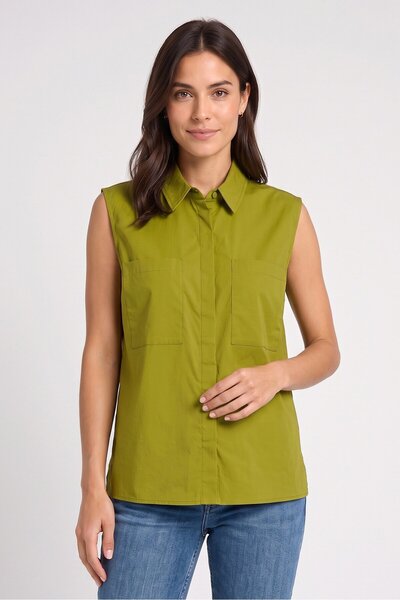 CAMAİEU Women Spread Collar Sleeveless Plain Shirt, Green