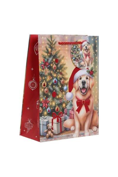 SHOPIENS Punga Cadou Craciun Bej Catelus Brad Folie Rosie Eticheta 18x8x24cm ...