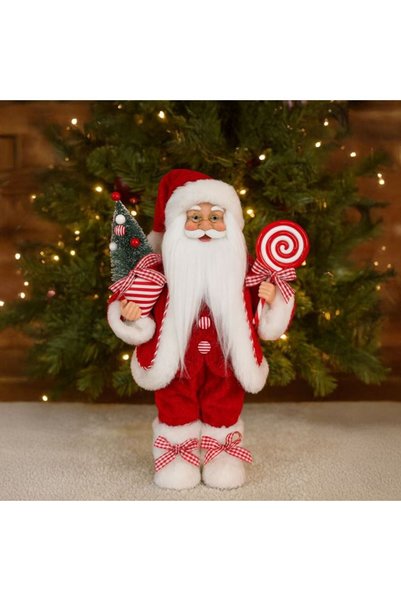ANTBRO Figurină Decorativă Moș Crăciun cu Brad și Acadea 31cm, Costum Roșu cu...