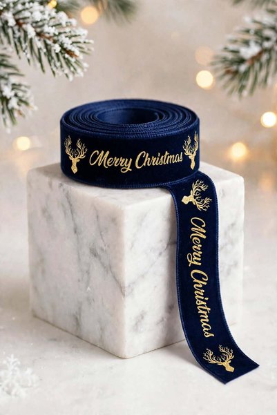 Ak Tuhafiye Navy Blue Premium Merry Christmas Printed Velvet Ribbon 4 cm Widt...