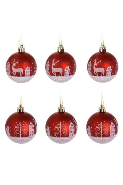 SHOPIENS Set Globuri Craciun Rosii Mate Peisaje Ninse Glitter 6cm 6 Bucati Sh...