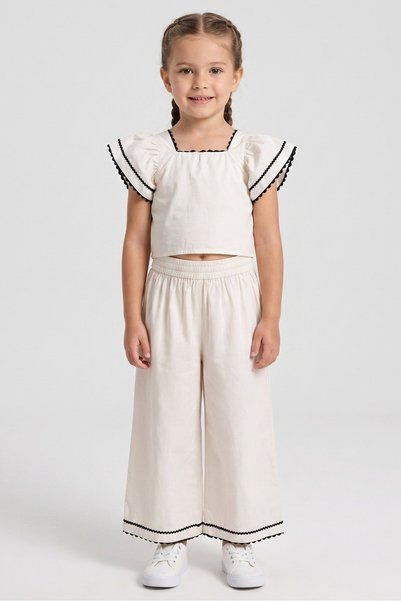 Miss Kids Girl 2 Pcs Texrured Top And Wide Leg Pants, Off White