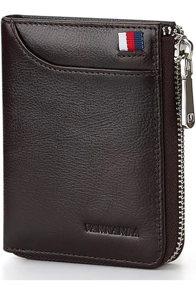 GENERAL Mens Genuine Leather Zipper Wallet RFID Blocking Bifold Zip Around Wa...