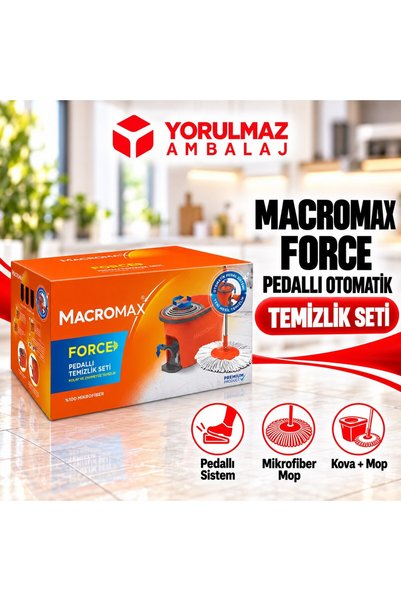 yorulmaz ambalaj Macromax Force Pedallı Otomatik Temizlik Seti | 360° Döner Başlıklı Mikrofiber Paspas