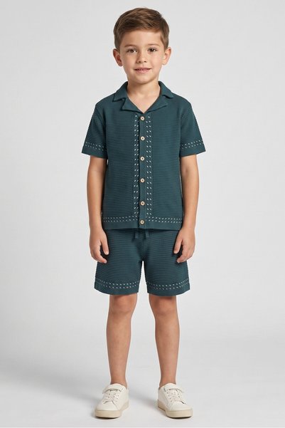 Norn Studios Kids Boy Textured Shirt And Shorts Set, Teal Green
