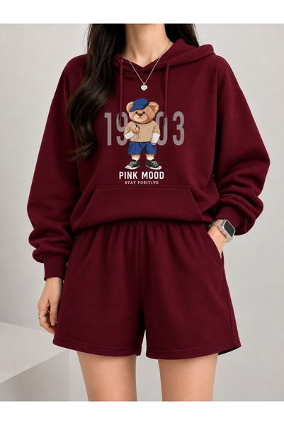 HAI COLLECTİON Unisex 3 Thread Thick Hooded Sweatshirt Claret Red Oversize Ho...