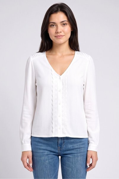 Daphnea Women V-Neck Long Sleeve Textured Blouse, White