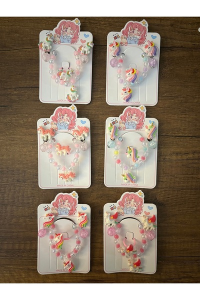 gülümse gel Kız Çocuk Unicornlu Renkli Boncuk Küpe Bileklik Yüzük Seti
