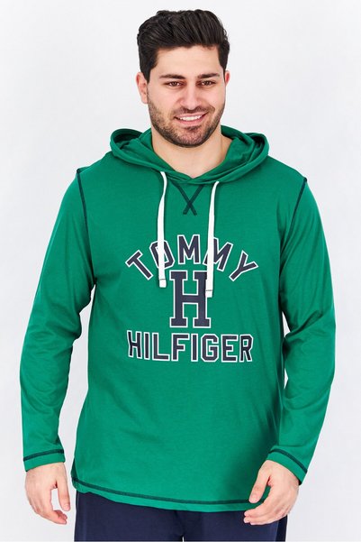 Tommy Hilfiger Men Graphic Full Sleeves Sleepwear Hooded Top, Basil