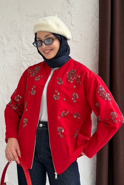 Modaensarbutik Taş ve Boncuk İşlemeli Fermuarlı Ceket-KIRMIZI
