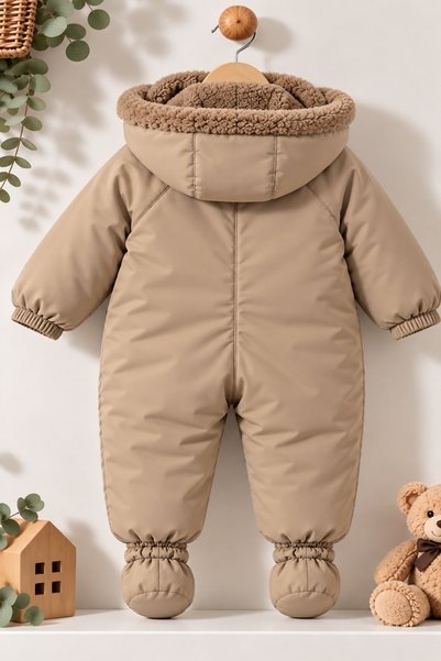 DeKuBaby Sevimli Ayıcık Figürlü İçi Peluş Kapüşonlu Eldivenli Kışlık Çocuk Kız Erkek Bebek Astronot Tulum Kozmonot Mont
