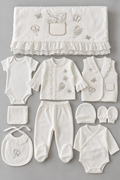 My Babies Label Butterfly Embroidered Lace Detailed Blanket 10 Piece Newborn Baby Hospital Discharge Set 100% Cotton