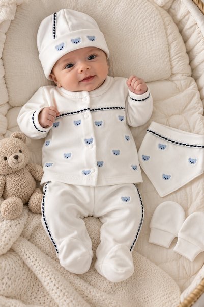 My Babies Label Blue Teddy Bear Embroidered Navy Blue Stripe Detailed Boxed 5 Piece Newborn Baby Boy Hospital Discharge Set 100% Cotton