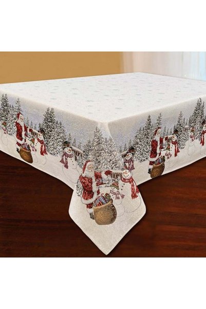SHOPIENS Fata De Masa Craciun Tapestry Ecru Mos Craciun Om De Zapada Fir Argi...