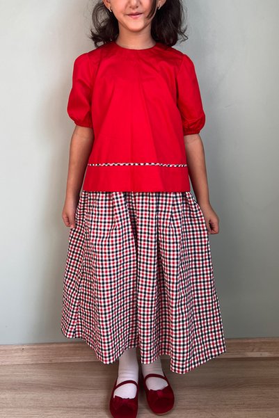 Masnu Çocuk Girl's Cotton Gingham Midi Skirt Short Sleeve Blouse Set