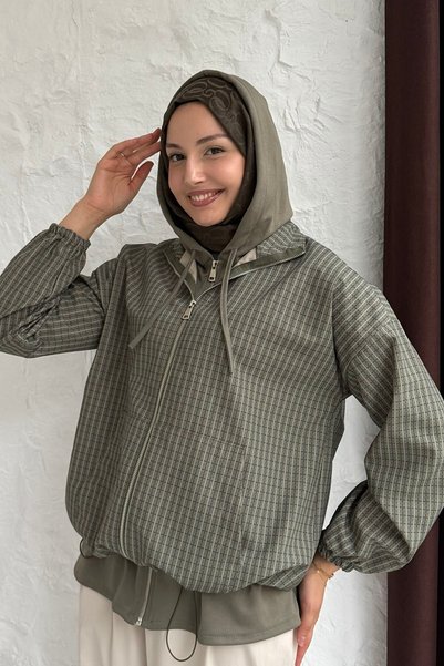 Modaensarbutik Kapüşonlu Ekose Garnili Bomber Ceket-YEŞİL
