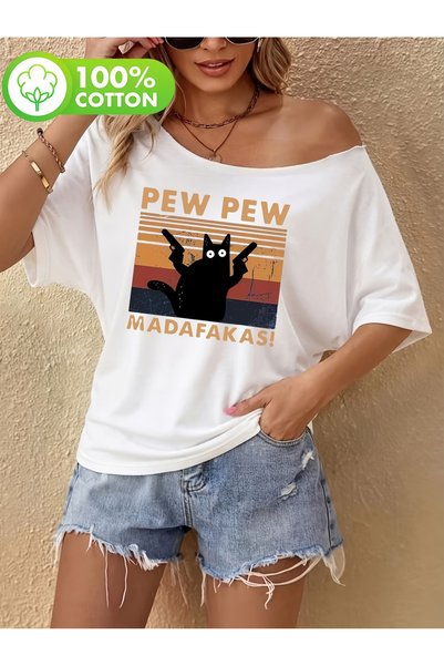 OVER HEAD Tricou pentru femei Pew Madafakas, cu imprimeu, cu gât barcă și ume...