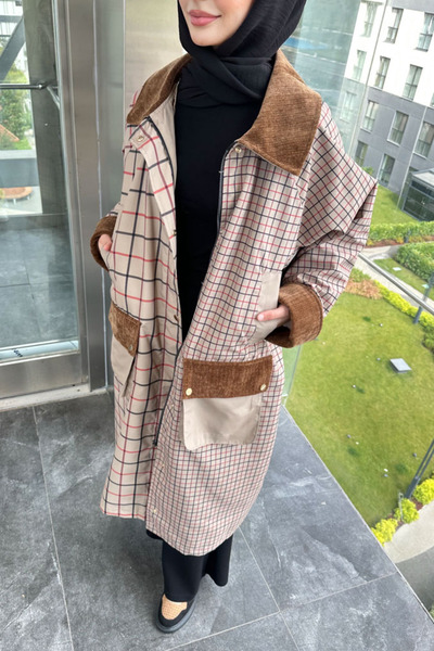 Ovn. Maya Kadife Yakalı Ekose Trenç - Bej