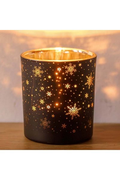 SHOPIENS Suport Lumanare Pastila Pahar Sticla Negru Interior Auriu Fulgi 7x8c...
