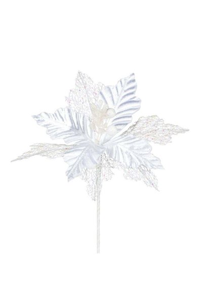 SHOPIENS Floare Decorativa Craciun Alba Catifelata Dantela Glitter Tulpina Ve...