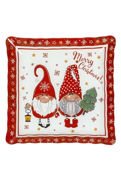 SHOPIENS Farfurie Craciun Sticla Patrata Margine Ondulata Gnome Felinar Brad ...