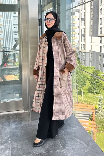 Ovn. Maya Kadife Yakalı Ekose Trenç - Bej
