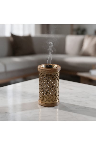Generic Brand Indian Metal Gold Finishing Incense Burner with Wood