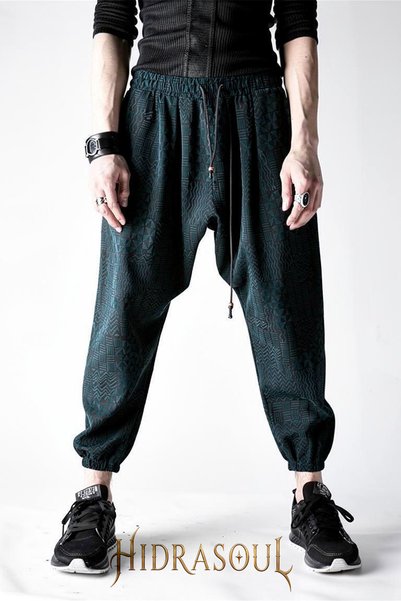 Erkek Baggy Zümrüt Yeşili Etnik Desenli Bol Kesim Yarım Şalvar Jogger Pantolon
