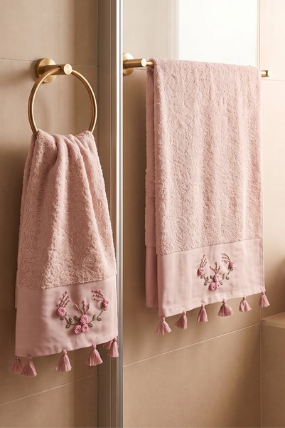 DNZGÜLCAN Tasseled and Embroidered Bath Towel Set |   70X140 cm Bath Towel, 50X90 cm Hand-Face-Hair Towel |   100% Cotton Hammam Set |   Dowry Box, Premium Set