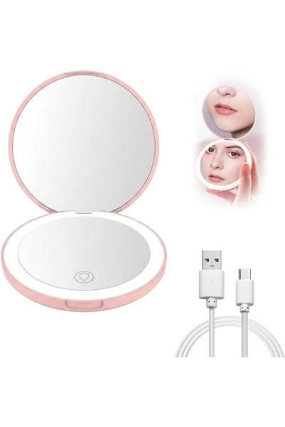 TERRIFI 1 قطعة مرآة LED مدمجة، تكبير 1X/2X، مرآة مكياج جيبية وردية مقاس 9 سم ...