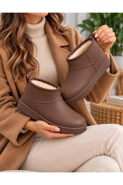 PLN SHOES حذاء إيفا مقاوم للماء باللون البني مع فرو من الداخل ونعل سميك للنساء
