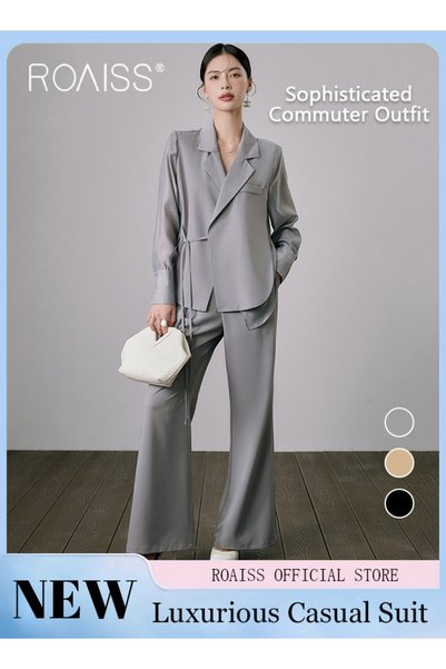 ROAISS 2 Piece Women Suit Set Tie Front Shirt Top and Straight Leg Suit Pants...