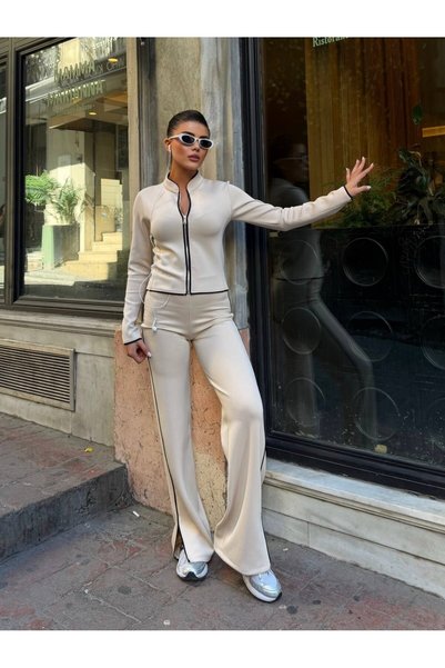 End Black Store Women's Beige Zippered Ribbed Diving Fabric Tracksuit Set with Spanish Style Slit Legs, Two-Piece Set