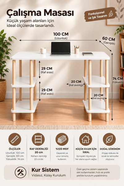 tridihome 60 X 100 Kitaplıklı Çalışma Masası Aletsiz Kolay Kurulum Raflı Ders...