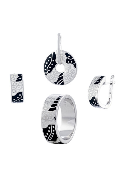 Sonis Silver Set din argint 925 rodiat (cercei + pandantiv + inel) cu email, ...
