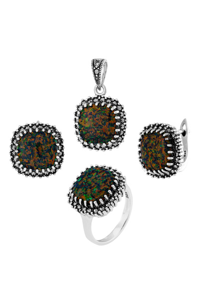 Sonis Silver Set din argint 925 (cercei + pandantiv + inel) cu opal japonez ș...