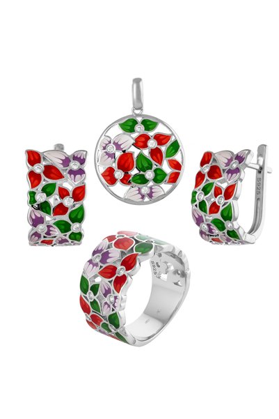 Sonis Silver Set din argint 925 rodiat (cercei + pandantiv + inel) cu email ș...