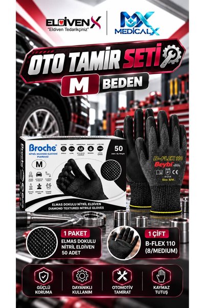 Medicalx Oto Tamir Seti - Elmas Dokulu Nitril Eldiven 50’lik Kutu / 1 Çift Bflex-110 (Medium / Orta Boy)