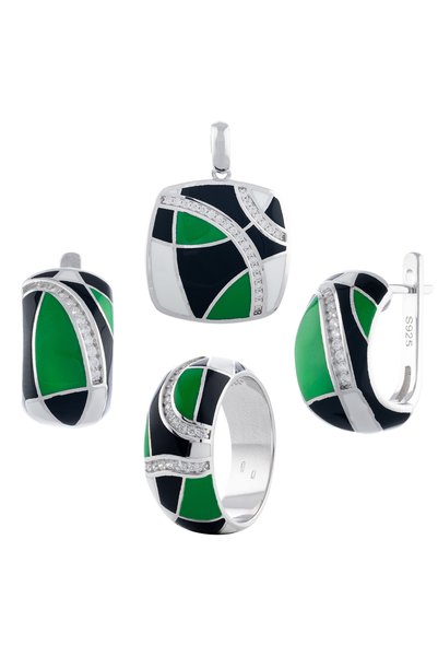 Sonis Silver Set din argint 925 rodiat (cercei + pandantiv + inel) cu email ș...