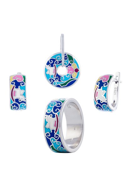 Sonis Silver Set din argint 925 rodiat (cercei + pandantiv + inel) cu email, ...